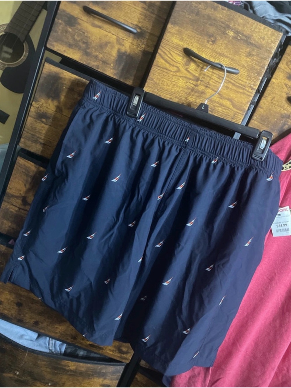 Nautica Navy Swim Shorts with Small Red & White Sailboat Motif